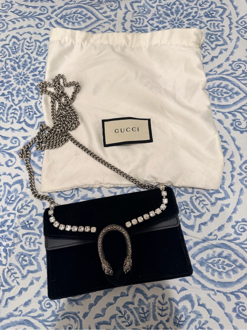 Gucci Black Velvet Dionysus Mini Shoulder Bag with Crystal Trim